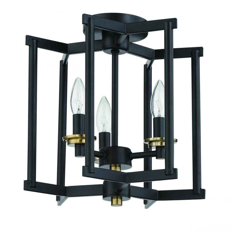 Avante Grand 3 Light Cage Convertible Semi Flush/Pendant in Flat Black/Satin Brass