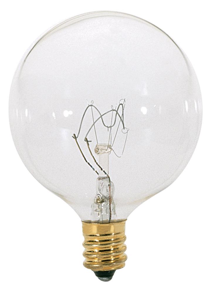 60 Watt G16 1/2 Incandescent; Clear; 1500 Average rated hours; 672 Lumens; Candelabra base; 120 Volt