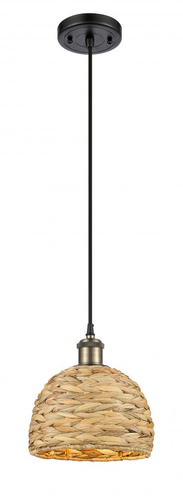 Woven Rattan - 1 Light - 8 inch - Black Antique Brass - Mini Pendant