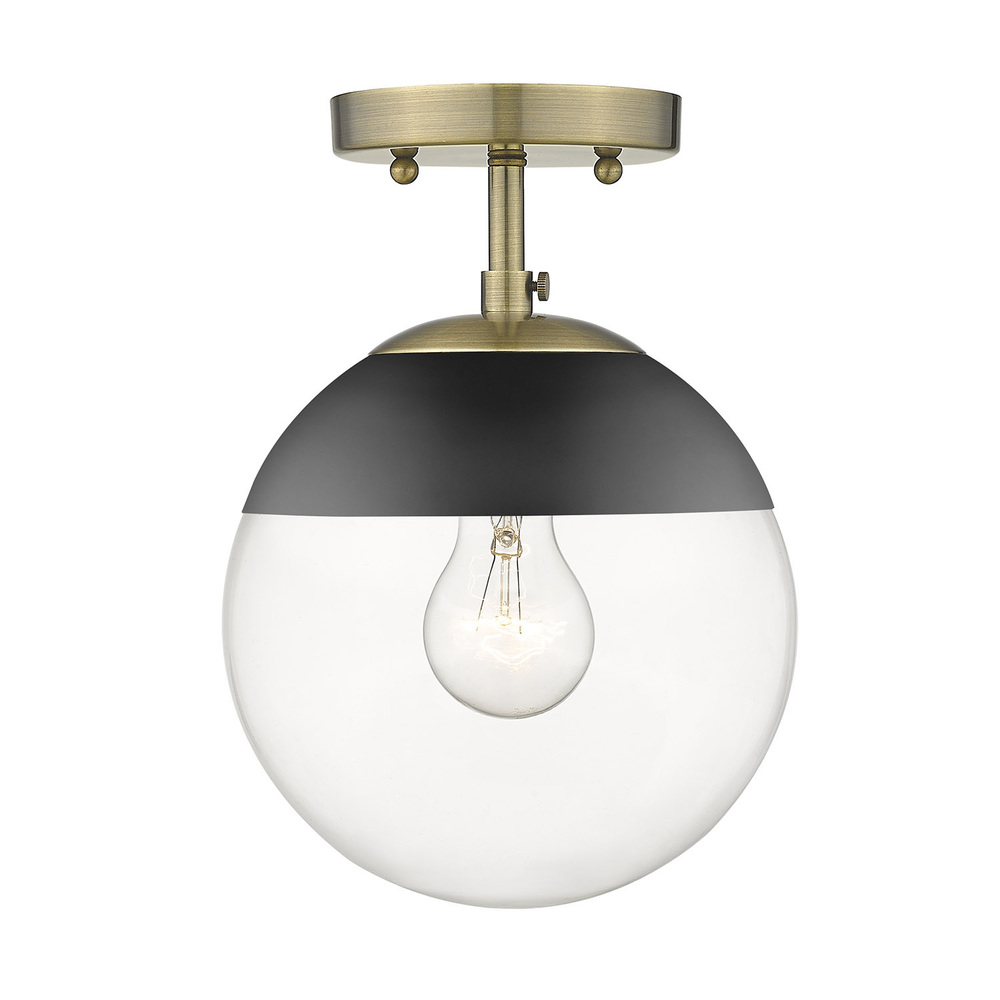 Dixon Semi-Flush in Aged Brass with Clear Glass and Black Cap